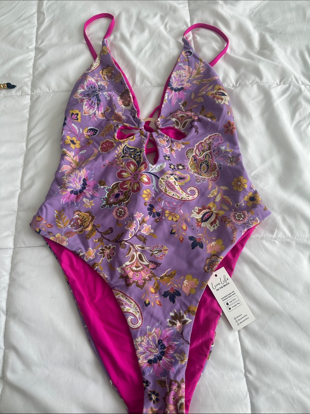 Cupshe Lavender Paisley One-Piece Swimsuit with Hot Pink Trim